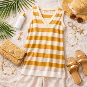 Fantastic Fawn Mustard & White Stripe Sleeveless V-Neck Tunic Dress – Size Large